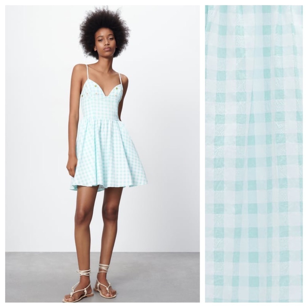 🌹NWT. Zara White/Turquoise Gingham Checked V-neck Mini Dress. Size M.